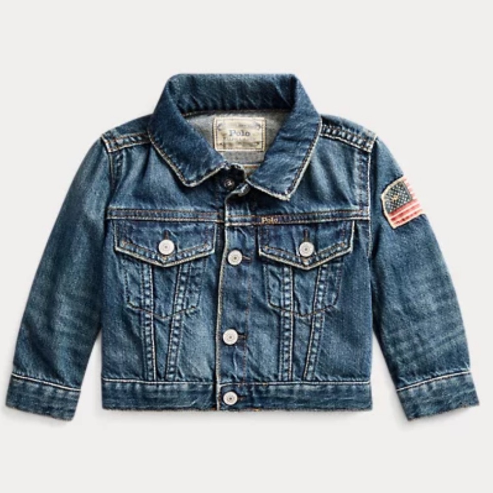 NWT Ralph Lauren Baby Boy Denim Trucker Jacket with American Flag Patch
